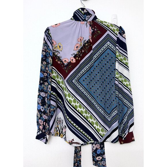 Tory Burch Homage to Flower Patchwork Silk Blouse Top Floral Stripe Bow Tie 4 - Picture 10 of 16